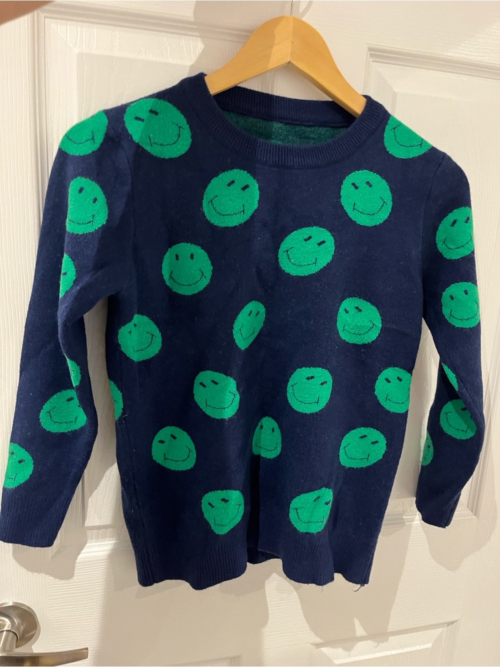 Retro Navy Blue Green Smiley Face Pullover Crewneck Sweater - Small/Medium